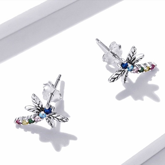 925 Sterling Silver Colorful Multiple Zircon Dragonfly Stud Earrings. - Picture 4 of 8
